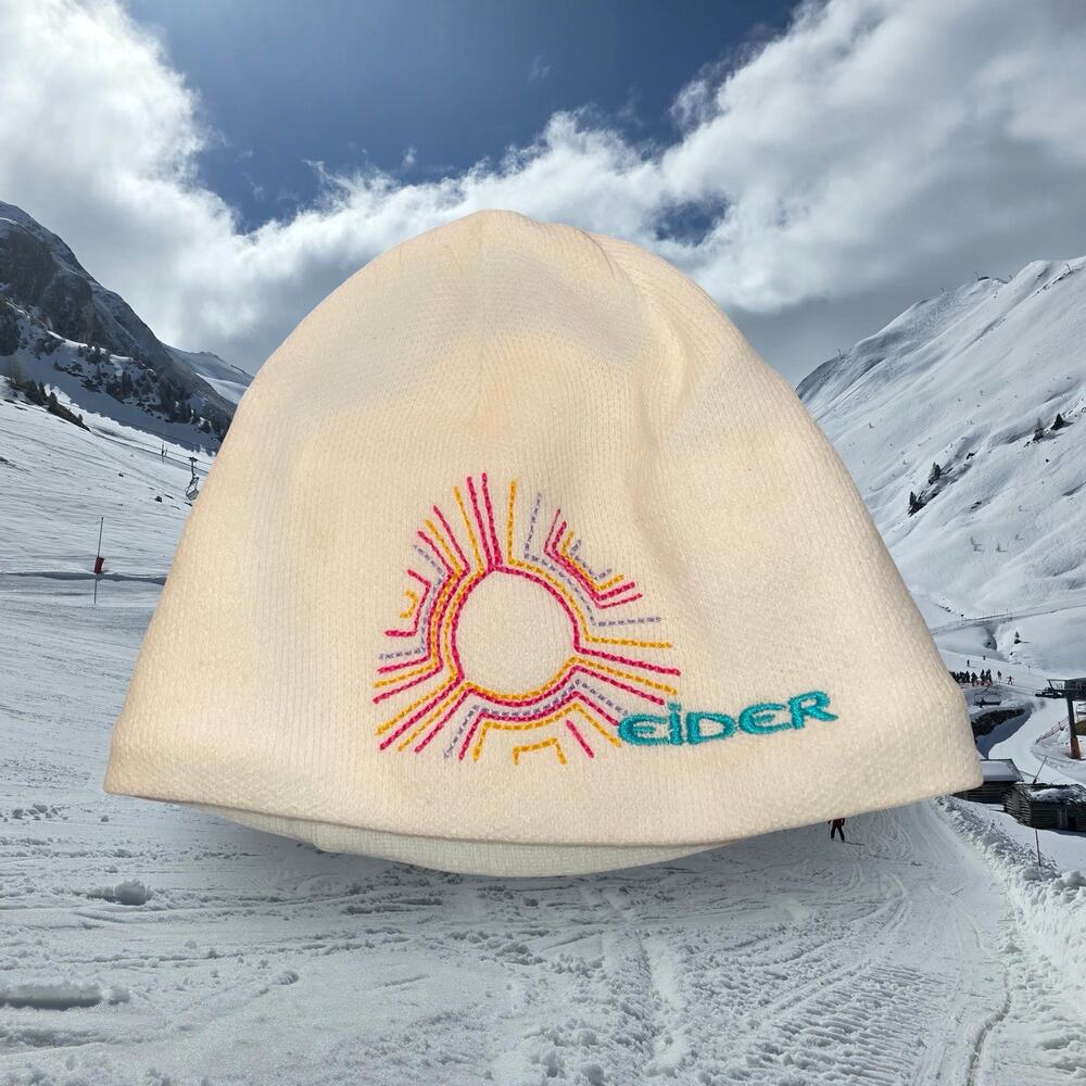 Eider Beanie Hat White Knit Sunburst Solar Blue Turquoise Ski Gorpcore OS